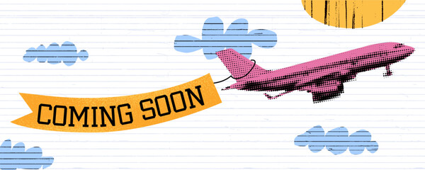 Retro biplane banner in sky. Creative collage for travel, vintage ads, or "coming soon" announcements. © annetdebar