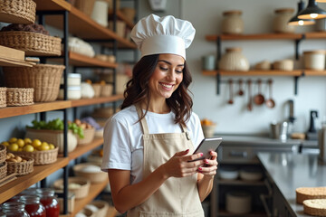 Young woman working in bakery shop checking her phone while wearing a brown apron. AI