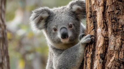 Naklejka premium Adorable Koala Bear Climbing Tree Trunk Close Up Wildlife Photography Australian Fauna Nature Image Grey Furry Animal Portrait Wild Koala Peaceful Scene Australian Bush Art Cute Leaf Wood Stock Asset 