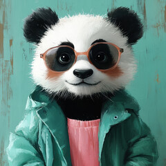 Cute panda wearing sunglasses and fashion attire against a teal background  
