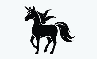 Unicorn silhouette, black vector icon, fantasy animal, magical creature, white background 