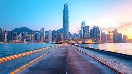 Fototapeta premium Empty Road Leading to City Skyline at Sunrise