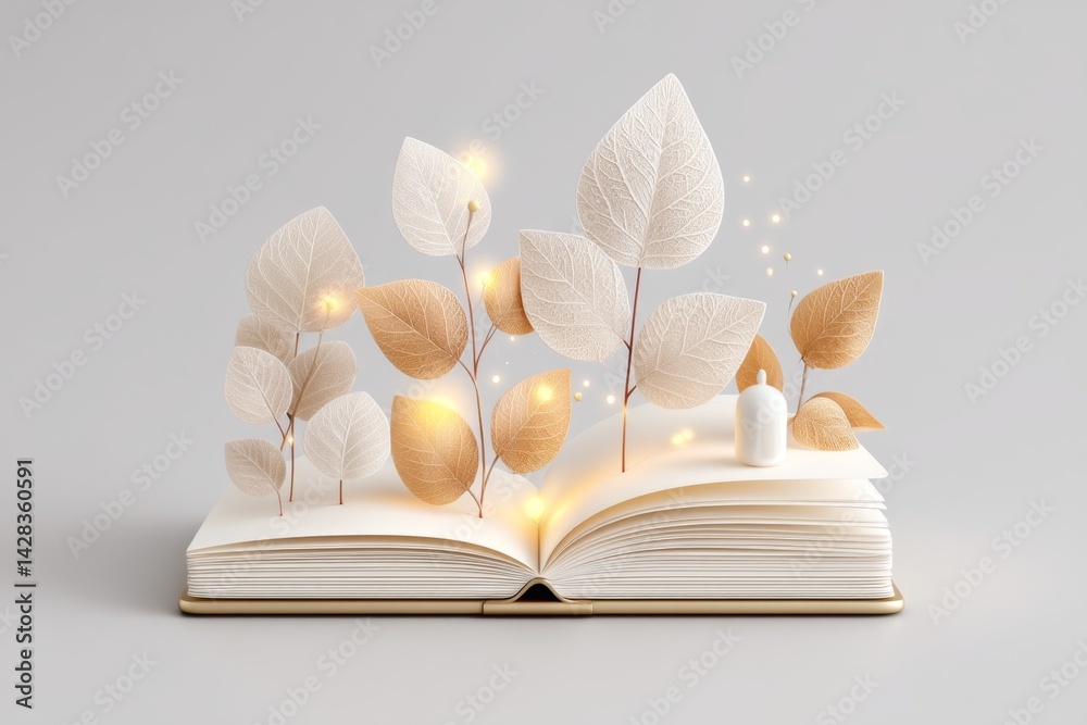 Aufkleber a digital 3d rendering of a floating prayer journal surrounded by glowing leaves and ethereal light
