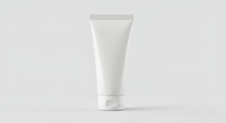 White tube cosmetic container with simple design in neutral studio setting. Product display showcasing a blank tube for branding purposes.