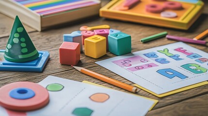 Creative early childhood education with geometric shapes and colorful toy blocks