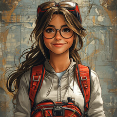 Young woman smiling with a backpack against a textured wall  