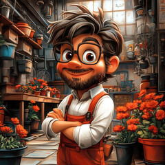 Cheerful man posing with arms crossed in a flower shop  
