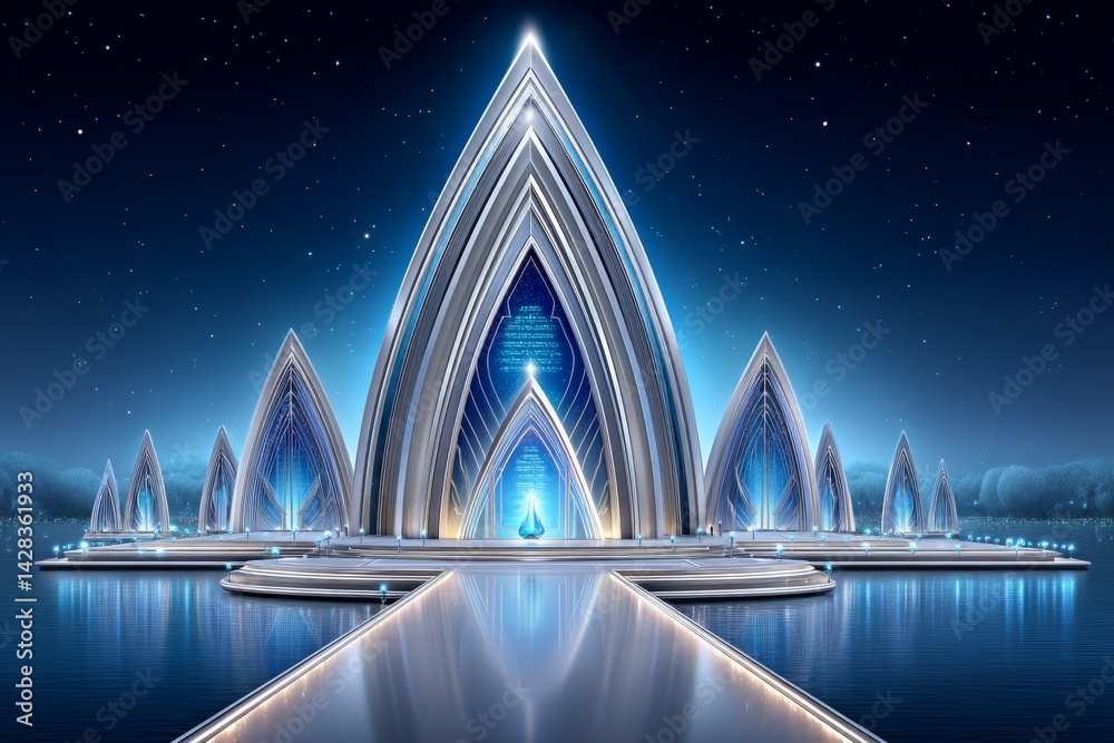 Poster a futuristic worship center with holographic scripture texts floating in the air and glowing spirit 
