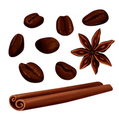 Illustration of cinnamon sticks, star anise and coffee beans