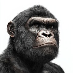 Naklejka premium Detailed Close-Up of a Serious Gorilla's Face Captured in High Resolution with Emphasis on Expressive Features and Textural Detail in a Studio Setting