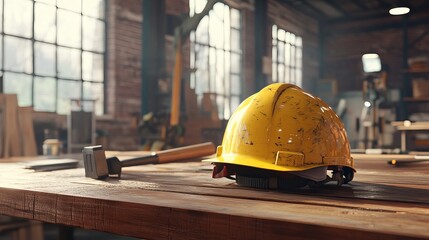 Used Yellow Hard Hat Safety Equipment on Rustic Wooden Workshop Table Industrial Setting Construction Site Worker Protection Gear Workplace Safety Industrial Design Element Photography Old Job Aged   