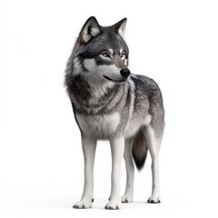 Obraz premium Realistic depiction of a majestic gray wolf standing proudly against a white background, showcasing stunning fur texture and piercing eyes in a lifelike pose