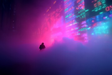 Mysterious figure walking through neon fog in an urban landscape at night