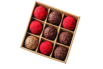 Gourmet chocolate truffles arranged in a stylish gift box on a bright white studio background