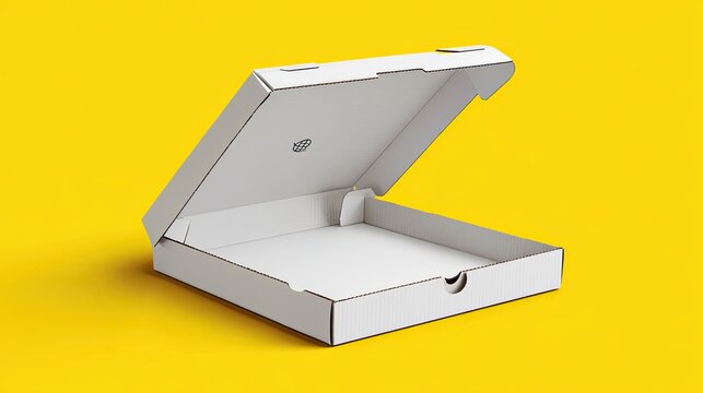 Open white pizza box on vibrant yellow background with empty interior