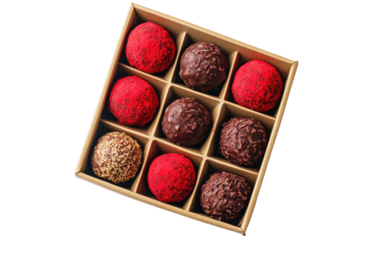 Gourmet chocolate truffles arranged in a stylish gift box on a bright white studio background