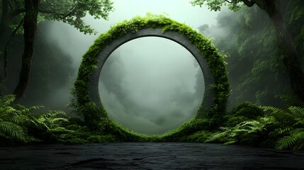 Moss covered archway in a lush mystical forest