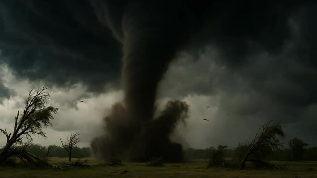A massive twister churns across an open field, uprooting trees and flinging debris under a menacing sky, evoking nature fury