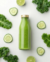 Obraz premium Creating a refreshing green detox smoothie highangle view of kale cucumber and lime ingredients in a glass bottle on clean white background