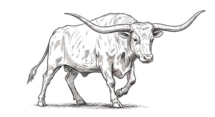 Detailed black and white illustration of a majestic longhorn