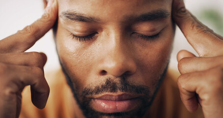 Man, face and headache in home with tension, stress and pressure for health crisis. African person,...