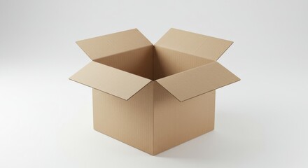 Empty cardboard box open in a studio setting. Empty box displaying neutral color and texture with an open top, displaying interior space, on plain white background.