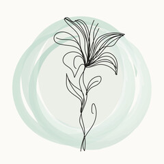 Elegant Single Line Lily Flower Drawing on Soft Green Watercolor Background