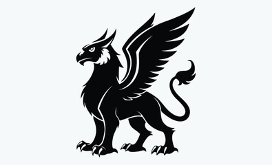 Griffin silhouette, mythological animal, winged beast, Griffin Silhouette on White Background 