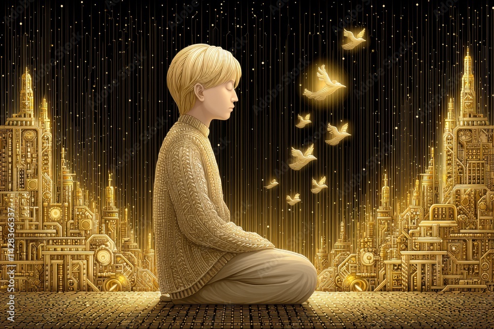 Aufkleber a pixel art style character praying with a golden aura and pixelated doves flying upward