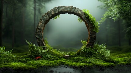 Mystical forest sanctuary with a massive stone archway