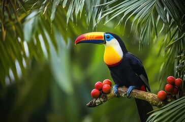Obraz premium Vibrant Toucan Perched on a Branch Surrounded by Lush Greenery and Tropical Fruits in a Natural Habitat of Rainforest Paradise
