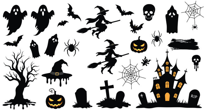 Halloween silhouette vector graphics set with ghosts bats pumpkins witch and haunted house clip art design
