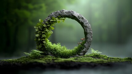 Mystical forest sanctuary with an ancient stone portal overgrown by lush greenery