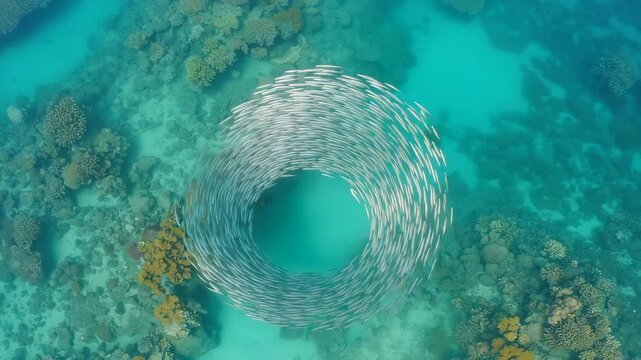 Underwater aerial view of a massive school of small fish swirling around a shallow tropical reef creating unique patterns