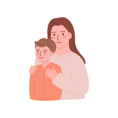 Cute mother with embracing child son, confidence in child. Happy family embracing, hugging. Motherhood, parenthood. Mom and girl kid together. Love, friendship of characters. Flat vector illustration