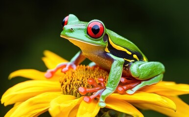 Obraz premium Vibrant Red-Eyed Tree Frog Perched on Bright Yellow Flower with Detailed Petals and Lush Green Background in Nature's Beautiful Setting