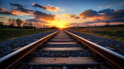 Railroad tracks leading to the horizon with a sunset in the background.