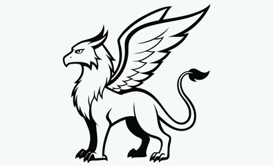 Griffin silhouette, mythological animal, winged beast, Griffin Silhouette on White Background 