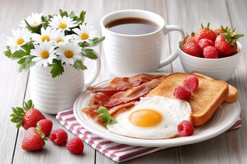 A veteran day breakfast with a coffee mug saying USA strong