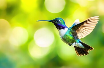 Fototapeta premium Vibrant Hummingbird in Flight with Blurred Green Background, Showcasing Delicate Wings and Colorful Plumage, Capturing Nature’s Beauty and Grace