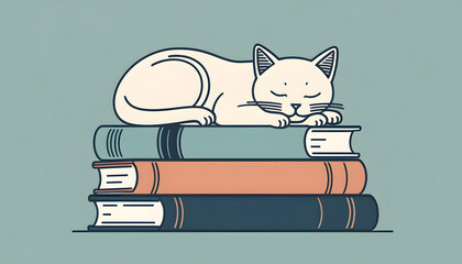 Cat Nap on Books - Minimalist Illustration