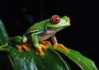 Fototapeta premium Vibrant Green Frog with Striking Red Eyes Perched on Leaf in Lush Environment, Showcasing Nature's Colors and Beauty in a Tropical Setting