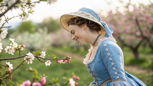 Woman in vintage dress picking spring flowers