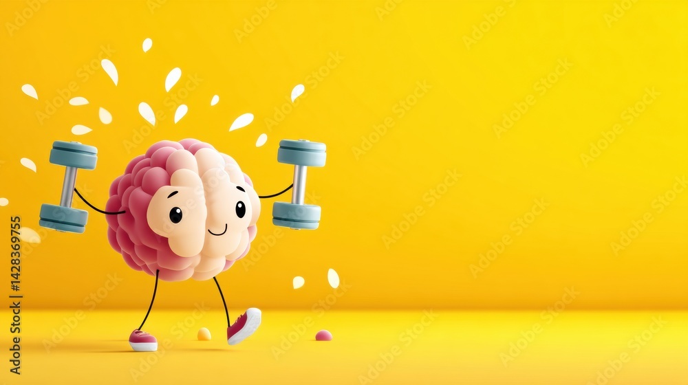 Poster cheerful brain exercises with light weights under a bright yellow background in a fun and playful se