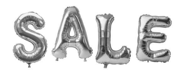Silver balloons word SALE isolated on transparent background. Generative AI