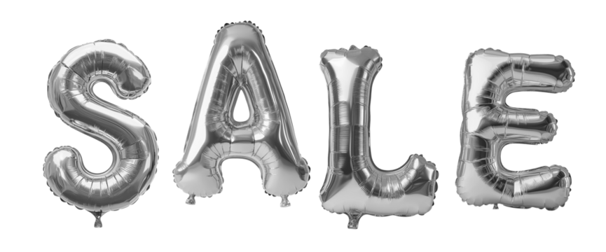 Silver balloons word SALE isolated on transparent background. Generative AI