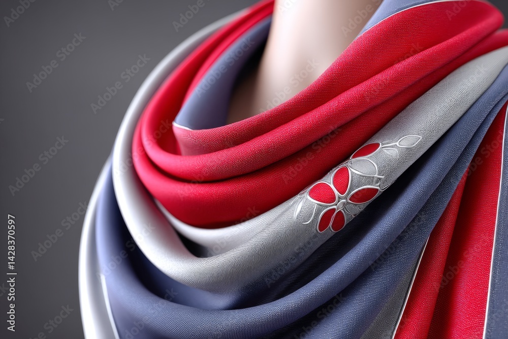Poster Hyper realistic close-up of a waving fabric in red white and blue with visible threads and glinting light