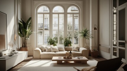 A sun-drenched, elegant living room with a sophisticated, minimalist aesthetic