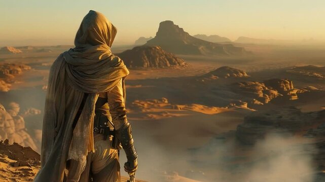 Exploring the vast desert landscape under the warm glow of sunset, a lone nomad stands in quiet contemplation