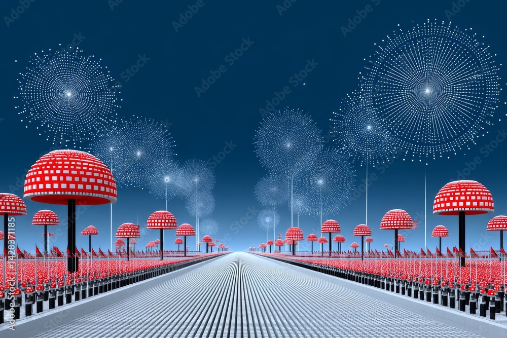 Poster Pixel art festival with tiny characters holding red white and blue flags and fireworks exploding above in pixel style